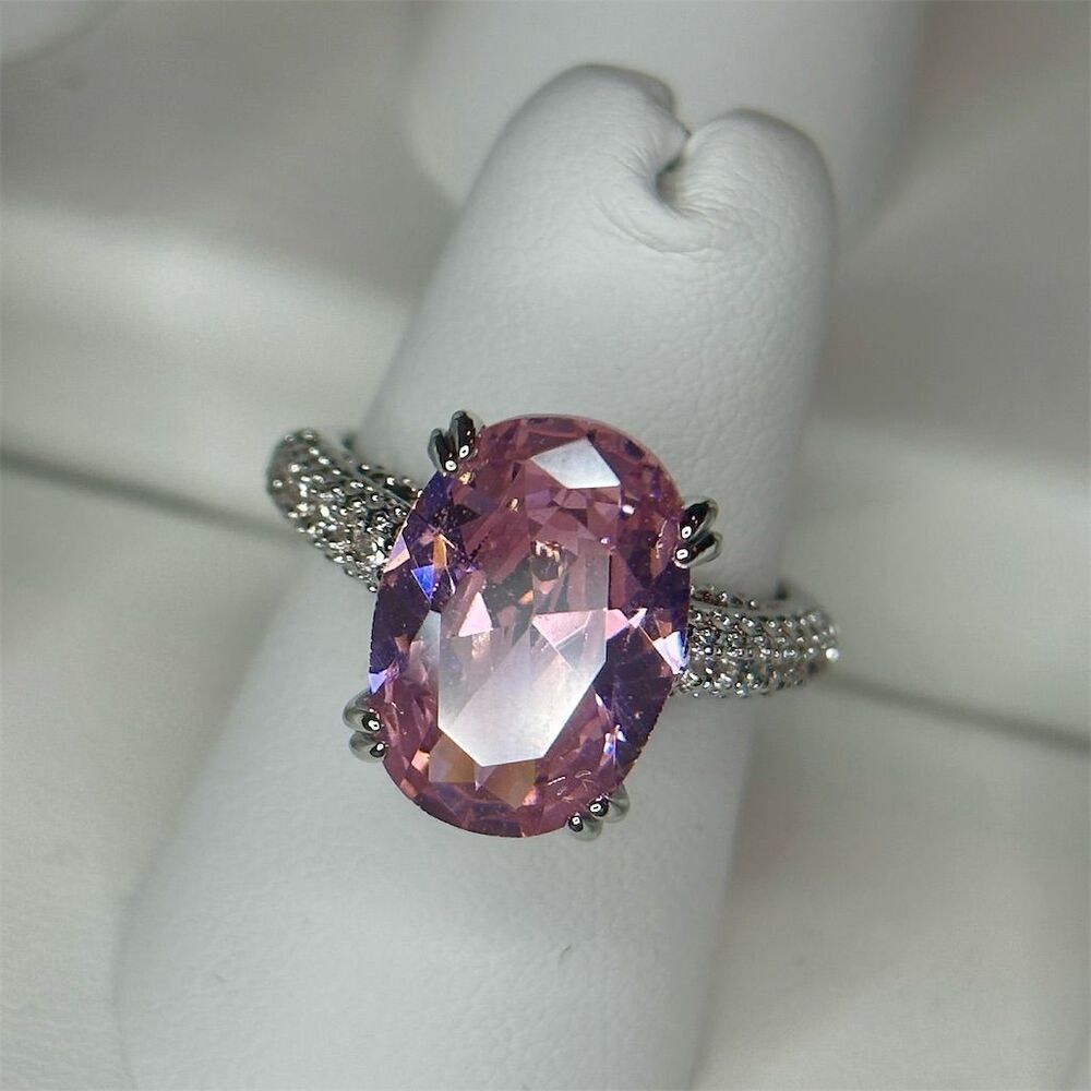 Pink Solitaire Gemstone Ring w/ Clear Accents Silver Plated Engagement size 6 - Picture 10 of 10